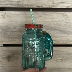 Teal Mason Jar with Straw